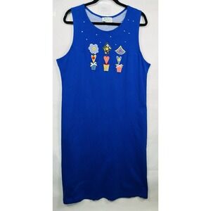 Vintage Quacker Factory Blue Embroidered Sleeveless Maxi Dress Women's L Flowers